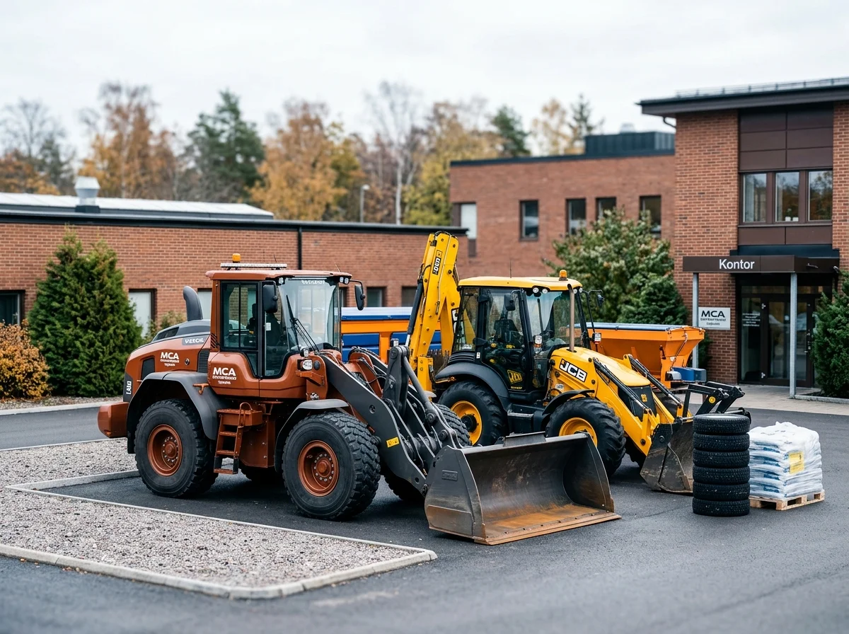 En orange hjullastare och en gul JCB-grävmaskin parkerade framför ett kontor.