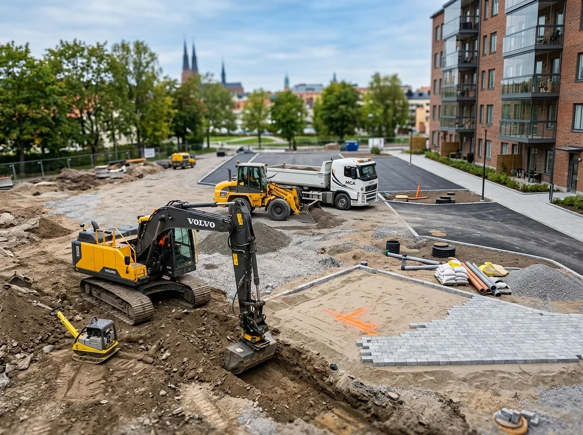Volvogrävmaskin och lastbil vid pågående markarbeten i stadsmiljö.