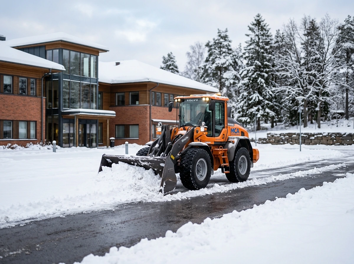 En orange Volvo-hjullastare plogar snö framför en tegelbyggnad.